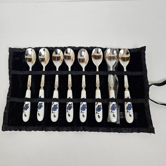 Set of 8 Demitasse Spoons Stainless Steel Ceramic Handles Black Velvet Wrap Blue - Picture 1 of 12